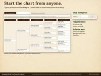 Pedigree tab of a family tree spreadsheet with a Start from person ID box, the home person from Setup, and a chart of parents and grandparents for a fictional sample family