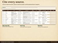Sources tab of a genealogy research spreadsheet with source IDs, record type, repository, citation text, people IDs and facts each source supports, using fictional sample records