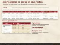 Animals roster tab listing each animal or group with tag, species, breed, status, date out, and an age column worked out by formula.
