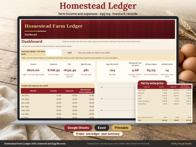 Homestead Farm Ledger spreadsheet Dashboard shown on a screen: income, expenses and net tiles, eggs this year and cost per dozen, with the enterprise table for a fictional sample farm.