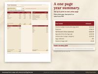 Year Summary page for a sample farm year set up to print on one Letter page, with totals by enterprise and category and a footer note.