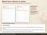Two blank printable barn sheets, a monthly egg count page and an animal record card, plus the please read notes from the Start Here guide.