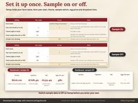 Setup tab with farm name, farm year start, theme and the sample data switch, with Dashboard tiles shown with sample data on and off.