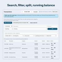 Transactions tab with the quick add row, search box, month, category, account and type filters, and a list with a running balance column plus Edit and Split links.