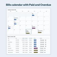 Bills Calendar tab showing an October month grid with bills on their due dates and a bill list with Paid, Overdue and Due soon labels and Mark paid buttons.