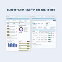 Two real screenshots side by side: the Overview tab with income, spending, net worth, Next actions and a spending chart, and the Debt Payoff tab with snowball order, payoff date estimate and a list of debts.