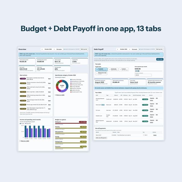 Two real screenshots side by side: the Overview tab with income, spending, net worth, Next actions and a spending chart, and the Debt Payoff tab with snowball order, payoff date estimate and a list of debts.