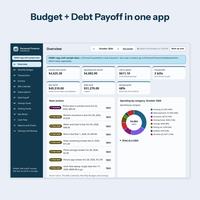 Overview tab of the Personal Finance Dashboard with the 13 tab sidebar, monthly income, spending, left to spend, unpaid bills, net worth, debt total, savings progress and a Next actions list.