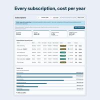 Subscriptions tab listing each subscription with cost per month and per year, renewal date, status, a Cancel? flag, and a yearly cost bar chart.