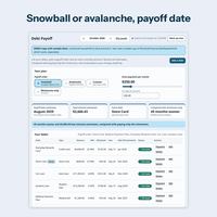 Debt Payoff tab with Snowball selected, an extra monthly payment, the payoff date estimate, total interest estimate, focus debt and a comparison with paying only the minimums.