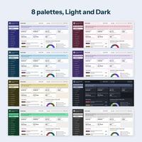 The Overview tab shown in all 8 color palettes, seven in Light mode and one in Dark mode, arranged in a two column grid.
