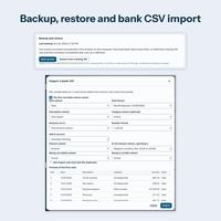 Backup and restore card with Back up now and Restore buttons, above the Import a bank CSV window where columns are matched on screen and a preview of the first rows is shown.