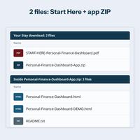 File list of the download: the Start Here PDF and the app ZIP, plus the 3 files inside the ZIP: Personal-Finance-Dashboard.html, the SAMPLE copy and README.txt.