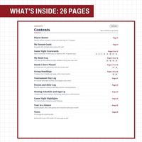 Contents page in a red square frame on a grid under the label What's inside: 26 pages, listing each section with its pages, from Player Roster on page 3 to Notes on page 26.