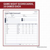 Game Night Scorecard 1 of 8 in a red frame: Oct 3 at Linda's house, players Ruth, Linda, Carol and Diane, eight games with winner, how won and points per seat, and a typed totals row.