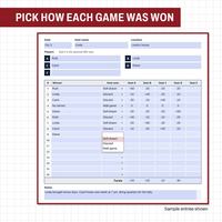 Scorecard close up in a red frame with the How won list open on game 9 for Diane, showing Self-drawn, Discard and Wall game, below the first eight games and their points.