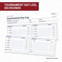 Tournament Day Log for the Fall Charity Tournament on Nov 8 at Community hall, shown as two overlapping cards with Rounds 1 to 4, table numbers, four players each and their scores.