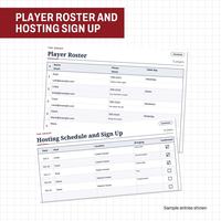 Player Roster with sample names, 555 numbers and example.com emails, overlapped by the Hosting Schedule and Sign Up with dates from Oct 3 to Oct 31, hosts, locations, what each brings and confirmed boxes.