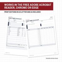 Label Works in the free Adobe Acrobat Reader, Chrome or Edge, and Print editions in US Letter and A4 included, above two tilted pages: a filled Game Night Scorecard and a blank print scorecard.