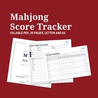 Mahjong Score Tracker title in white on a red ground with the line Fillable PDF, 26 pages, Letter and A4, above three tilted pages: the cover, a filled Game Night Scorecard and Group Standings.