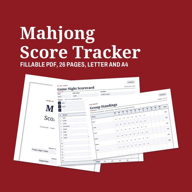 Mahjong Score Tracker title in white on a red ground with the line Fillable PDF, 26 pages, Letter and A4, above three tilted pages: the cover, a filled Game Night Scorecard and Group Standings.