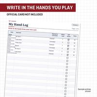 Label Write in the hands you play and Official card not included above a tilted My Hand Log page with sample hands like My hand 1, Lucky hand and Big win, each with exposed or concealed, jokers, a self-drawn box and value.