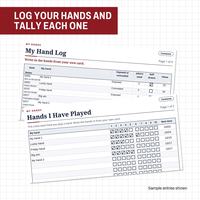 My Hand Log rows with sample hands, overlapped by Hands I Have Played, where each hand has ten tally boxes and a date, under the label Log your hands and tally each one.