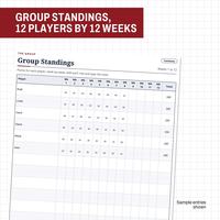 Group Standings page for weeks 1 to 12, tilted on a grid, with six sample players, Ruth, Linda, Carol, Diane, Maria and Joan, their weekly points and a typed total for each.