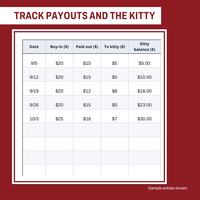 Payout and Kitty Log close up in a white and red frame on a red ground: five rows from 9/5 to 10/3 with buy-in, paid out, to kitty and a typed kitty balance from $5.00 to $30.00.