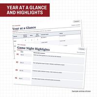 Year at a Glance rows for games played, wins, wall games and a favorite hand, overlapped by Game Night Highlights with four dated memorable moments, under the label Year at a glance and highlights.