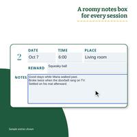 Close up of session 2 on the Training Session Log: date Oct 7, time 6:00, place Living room, reward Squeaky ball, and a three line note just typed in the large notes box, with the pointer inside it.