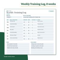 Weekly Training Log, week 1 of 8, filled for Monday to Sunday with skills practiced, reps, a success rating from 1 to 5 and short notes, plus wins and challenges for the week.