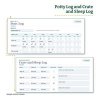 Potty Log with pee and poop tick boxes and Outside picks for the Wake up, Breakfast and Mid-morning slots, above a Crate and Sleep Log with dates, time in, time out, a settled tick box and notes.