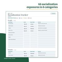 Socialization Tracker, part 1 of 3, with the People rows such as Men with beards and Toddlers and the first Sounds rows, filled with dates, reactions such as Unsure, Curious and Relaxed, and short notes.