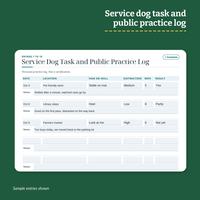 Service Dog Task and Public Practice Log marked Personal practice log. Not a certification. Three filled entries with date, location, task or skill, distraction, reps, result and notes, then two empty entries.