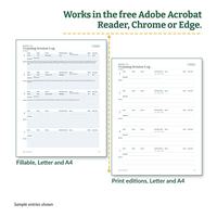 The line Works in the free Adobe Acrobat Reader, Chrome or Edge. above a filled Training Session Log page captioned Fillable, Letter and A4 and a blank one captioned Print editions, Letter and A4.