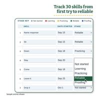 Close up of the stage key and skills 1 to 7 with date started and stage. The stage dropdown for Stay is open, listing Not started, Learning, Practicing, Reliable and Proofing, with the pointer on Reliable.