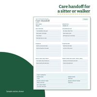 Care Handoff page for a sitter or dog walker with the dog's name, daily routine, cue words, please do and please do not lists, walks, meals and treats, and care contacts with 555 phone numbers.