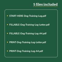 The label 5 files included above the 5 file names: START-HERE-Dog-Training-Log.pdf, FILLABLE-Dog-Training-Log-Letter.pdf, FILLABLE-Dog-Training-Log-A4.pdf, PRINT-Dog-Training-Log-Letter.pdf and PRINT-Dog-Training-Log-A4.pdf.