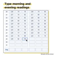 Type morning and evening readings. Monthly Log rows for days 20 to 31 with sample readings, 128, 82 and 70 just typed in the day 29 morning boxes, the pointer on the pulse box, and an empty Avg row.