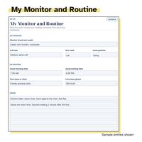 My Monitor and Routine page with sample entries: upper arm monitor, medium adult cuff, left arm, sitting, usual times 7:00 AM and 8:30 PM, family practice clinic, phone 555-0142 and two notes lines.
