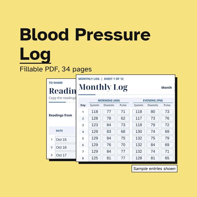 Yellow photo titled Blood Pressure Log, Fillable PDF, 34 pages, with a Monthly Log page showing sample morning and evening systolic, diastolic and pulse readings for days 1 to 8, in front of a Readings Summary to Share page.