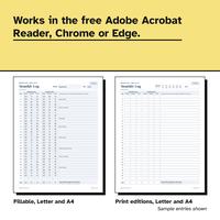 Works in the free Adobe Acrobat Reader, Chrome or Edge. Below, two Monthly Log pages side by side: the fillable one with sample readings and the blank print one, captioned Fillable, Letter and A4 and Print editions, Letter and A4.
