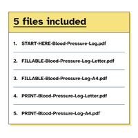5 files included, as a numbered list: START-HERE-Blood-Pressure-Log.pdf, FILLABLE-Blood-Pressure-Log-Letter.pdf, FILLABLE-Blood-Pressure-Log-A4.pdf, PRINT-Blood-Pressure-Log-Letter.pdf and PRINT-Blood-Pressure-Log-A4.pdf.