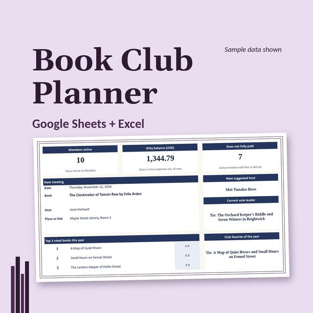 Book Club Planner Spreadsheet, main preview