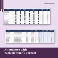 Attendance with each member's percent. Attendance tab checkboxes for 12 members across the first 8 meetings, above the Members tab with status, times hosted, meetings attended and Attendance %. Sample data shown.