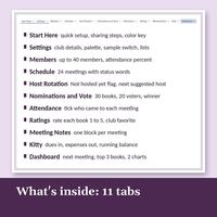What's inside: 11 tabs. A framed card with the real tab bar from Start Here to Dashboard and a list of all 11 tabs with one line each, from Start Here quick setup to Dashboard next meeting, top 3 books, 2 charts.