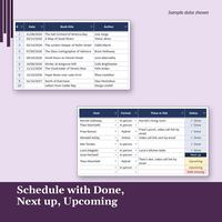 Schedule with Done, Next up, Upcoming. Two Schedule tab cards: meetings 1 to 10 with date, book title and author, then host, format, place or link and Status words Done, Next up, Upcoming and Date missing. Sample data shown.