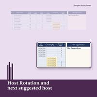 Host Rotation and next suggested host. The Host Rotation tab with 10 active members, faded behind a magnified view of Last hosted, Hosting flag with Not hosted yet, Rotation order and Next suggested host Mei Tanaka-Ross. Sample data shown.