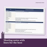 Meeting notes with lines for the host. A framed Meeting Notes tab with blocks for Meeting 1 and Meeting 2: date and host, 6 blank discussion question lines, highlights, favorite quote, next book and follow-ups. Sample data shown.